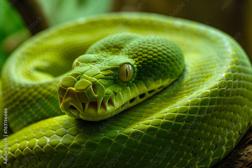 Obraz premium Green Serpent Coiled in Circles: Mystical Reptile Encounter