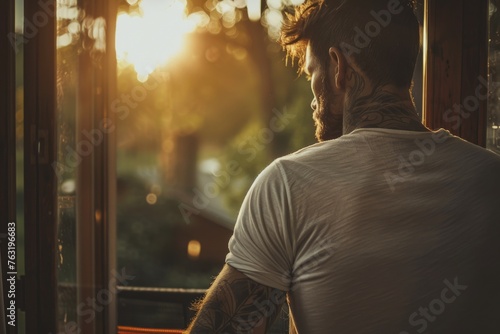 Man in a fitted t-shirt, silently observing the sunset through a window. His arms, decorated with elegant tattoos, are highlighted by the golden hour light, emphasizing the beauty of the moment. © radekcho
