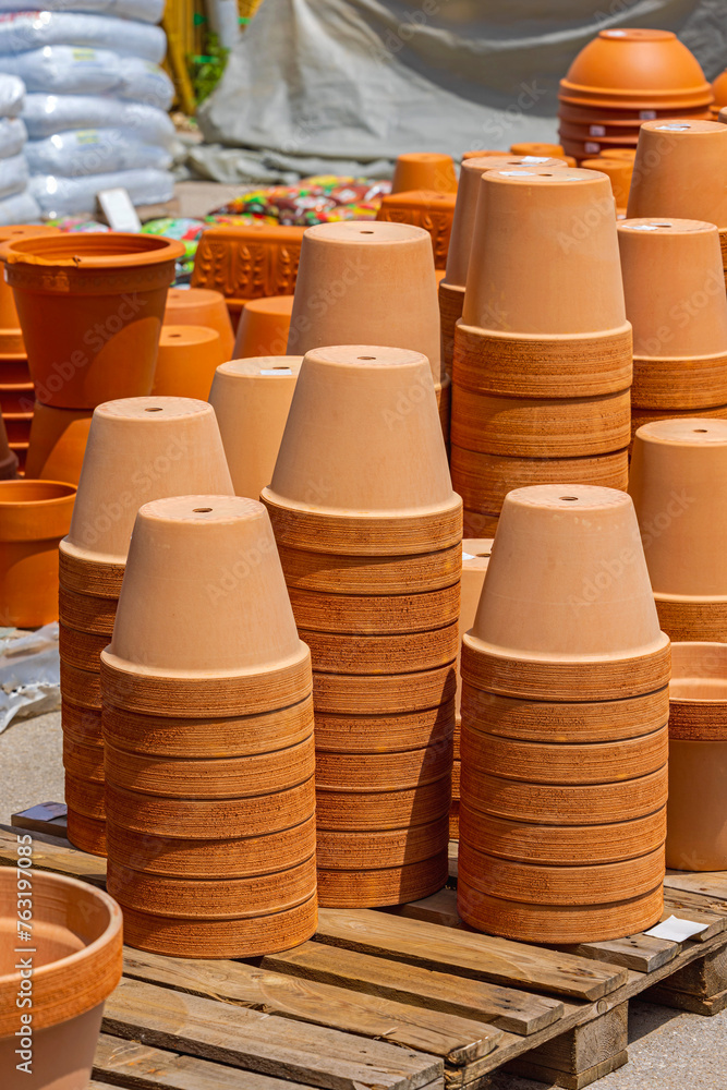 New Terracotta Flower Pots Up Side Down at Cargo Pallet New Terracotta Flower Pots Up Side Down at Cargo Pallet