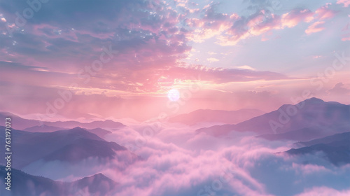 Beautiful foggy sunrise over mountains © ananda
