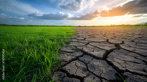 Land with dry and cracked ground and green field .Desert, Global warming background