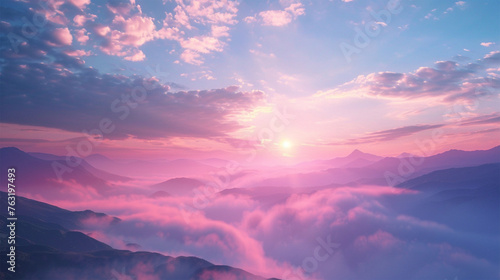 Beautiful foggy sunrise over mountains