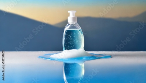 bottle of water on sky, Green dishwashing liquid drop in a clean surface with a big space for product backdrop,