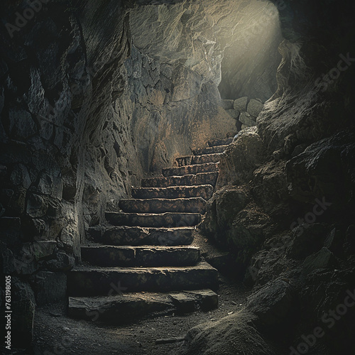 : An old stone staircase leading into the depths of a mysterious underground cavern, shrouded in darkness.
