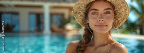 A happy woman in a straw hat by the pool, enjoying leisure and recreation
