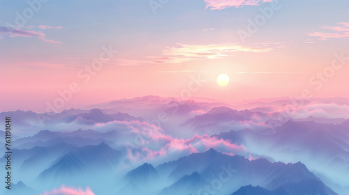 Beautiful foggy sunrise over mountains