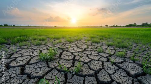 Land with dry and cracked ground and green field .Desert, Global warming background