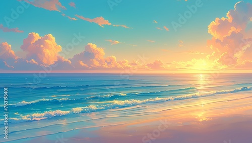 A beautiful sunset over the ocean, with vibrant colors in orange and pink, reflecting on calm waves as they gently lap against an empty beach.  #763198401