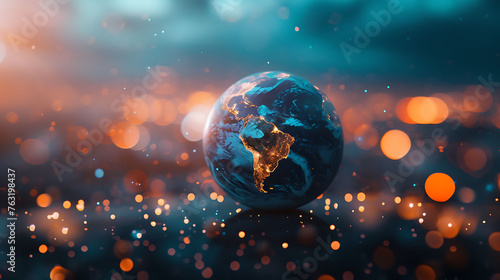 Planet Earth on the background of blurred lights of the city. Concept on business, politics, ecology and media