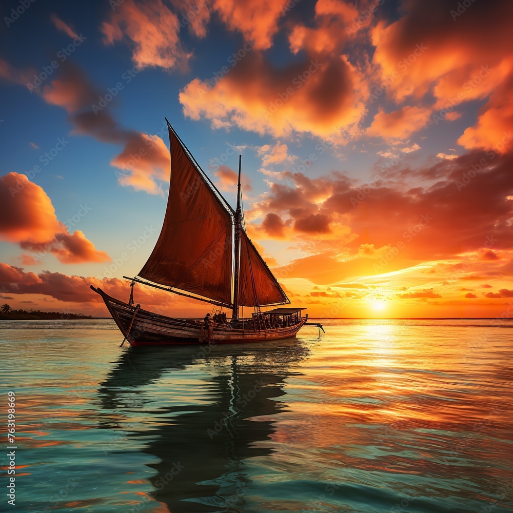 Traditional fisherman dhow boat during sunset. Ai generative