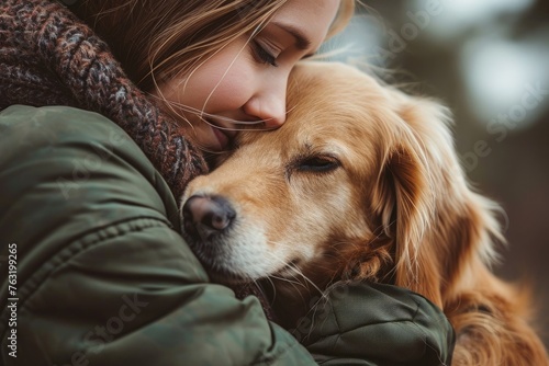 Pet with their owner. Portrait of woman with dog. girl hugging a golden retriever outside © Olga