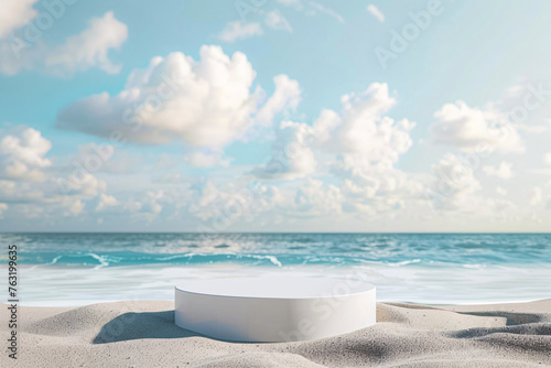 product podium display with beautiful sand beach daylight time for advertisement
