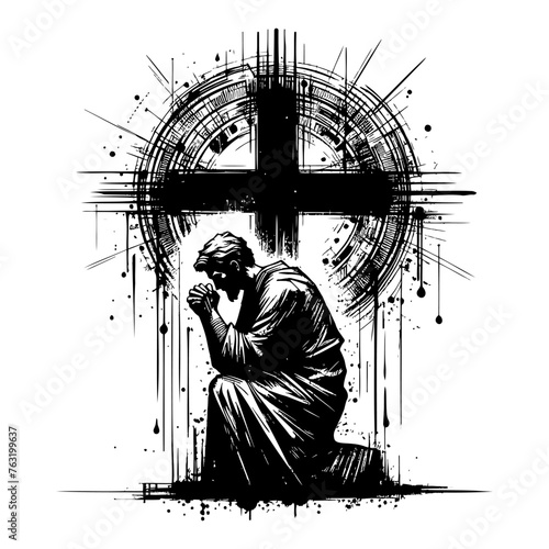 Man praying on his knees with the Christian cross in the background. Grunge style. Vector illustration