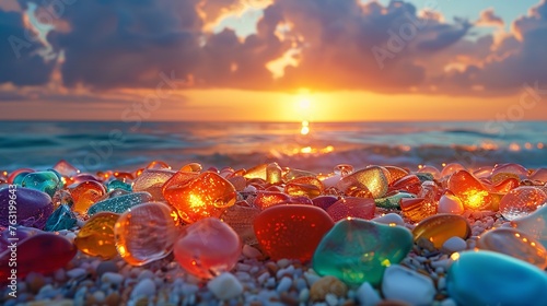 Vibrant glass pebbles on the shore, stunning sunset backlighting. Generative Ai