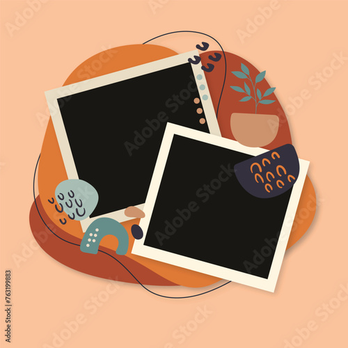 Two photo frames modern template with modern contemporary hand draw abstract shapes with leaves for presentations or landing page 