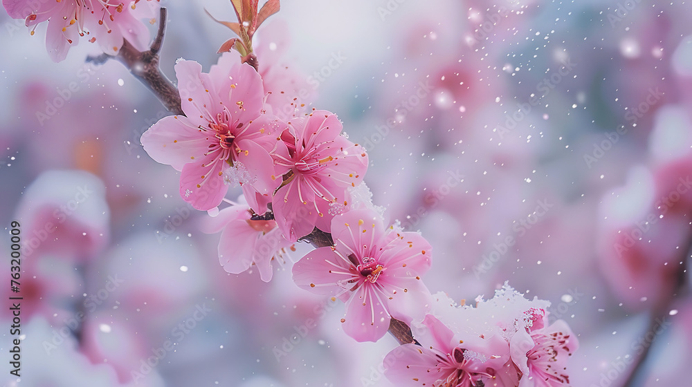 pink cherry blossoms in bloom in the snow