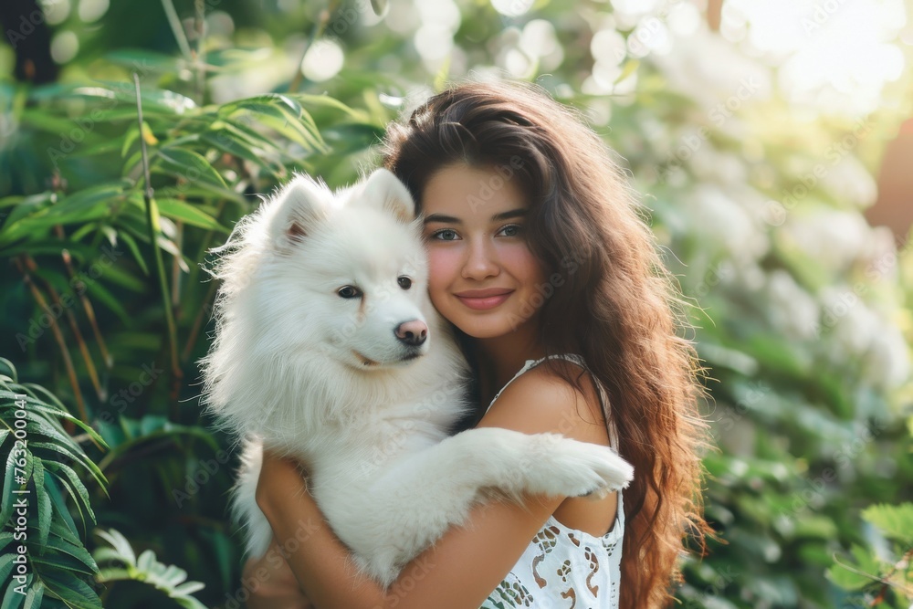 Beautiful young woman, wearing a casual chic outfit, holding her lively white dog in a lush city park. Beautiful young woman, wearing a casual chic outfit, holding her lively white dog in a lush city park.