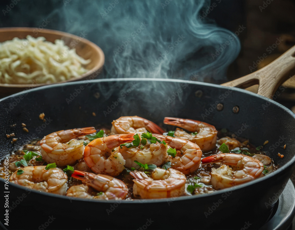 Grilled shrimps with greens and garlic in a pan. The character and all objects are fictitious, the image was created using the neural network Fooocus v2 Grilled shrimps with greens and garlic in a pan. The character and all objects are fictitious, the image was created using the neural network Fooocus v2