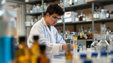 Scientist Working in Laboratory, Young researcher analyzing samples in a lab environment with focus and determination.