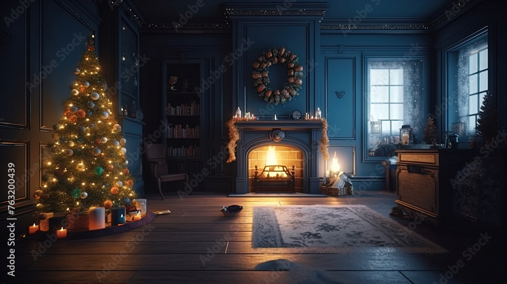 Christmas interior scene featuring a warm fireplace and decorated tree.