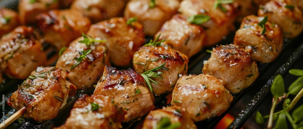 Grilled chicken cubes with herbs and salt on wooden sticks, a close up photo of the meat.