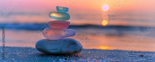 Colorful sea glass cairn at sunset, overlooking the ocean, symbolizing tranquility and nature's beauty.