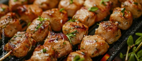 Grilled chicken cubes with herbs and salt on wooden sticks, a close up photo of the meat.
