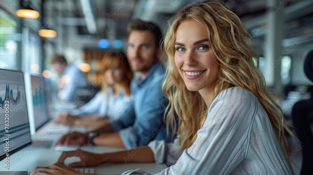 Young team of coworkers making great business discussion in modern coworking office.Teamwork people concept. Young team of coworkers making great business discussion in modern coworking office.Teamwork people concept.