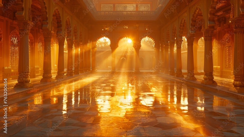  Saffron Palace at dawn golden light casting serene shadows