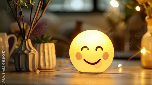 Radiant Joy. A Cute Yellow Smiley Face on Table with Bright Lights, Spreading an Atmosphere of Pure Joy and Happiness