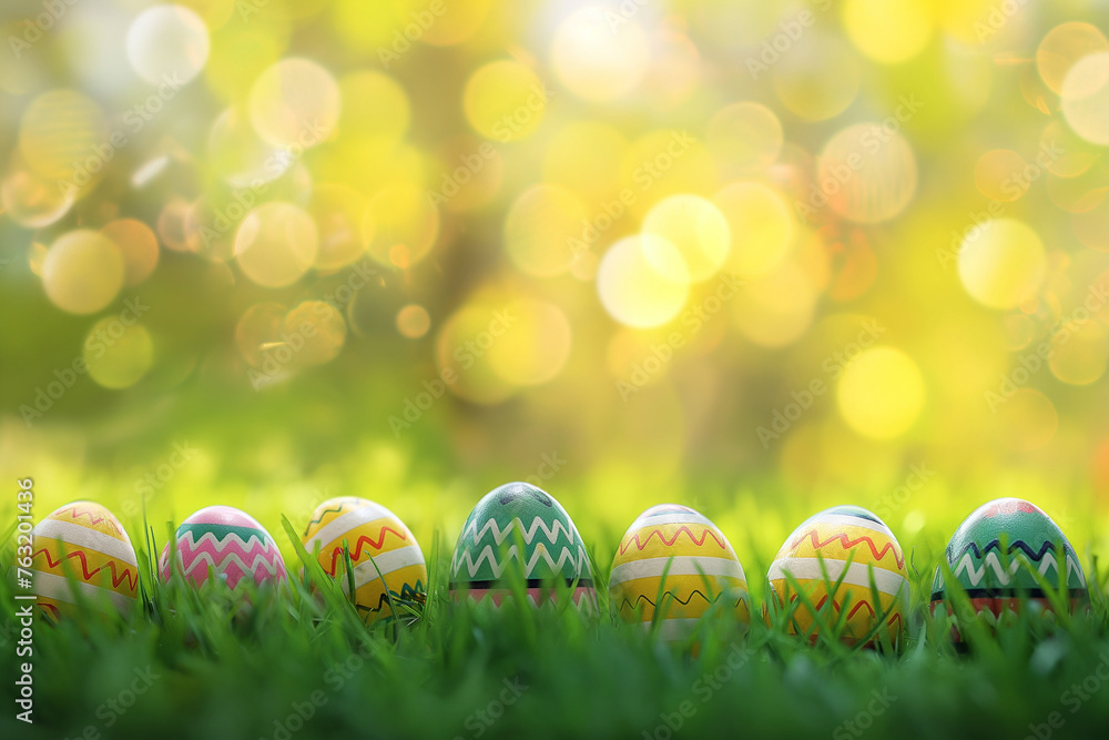 Row of Easter eggs in Fresh Green Grass with blury background 
