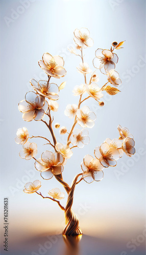 Sakura flowers branch by frosted glass petals with soft gold branch 3D render style isolated on white background in concept luxury, modern, floral art. © Stima