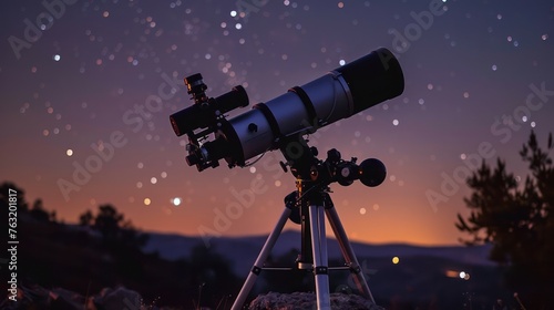 Stargazing Setup for Astronomy Enthusiast. Telescope and Accessories under Clear Night Sky