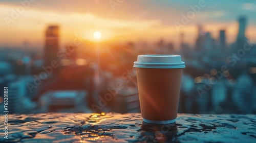 Cityscape Coffee Break. Urban Energy with Coffee Cup in sunset