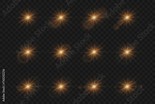Set of shining stars and highlights. Light effect Bright star  glowing light explodes on transparent background.