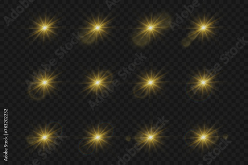 Set of shining stars and highlights. Light effect Bright star, glowing light explodes on transparent background.
