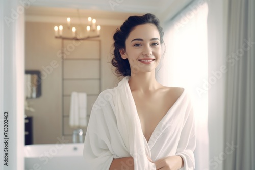 a young woman draped in a hotel towel, gracefully covering her body within the confines of her room, radiating beauty and relaxation.