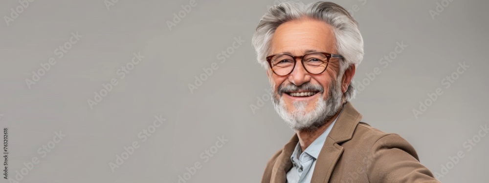 Beautiful gorgeous 60s age beautiful elderly senior model man with grey hair smiling. Mature old man close up portrait on white. happy healthy active old age. dating service for elderly. Generative AI - obrazy, fototapety, plakaty 