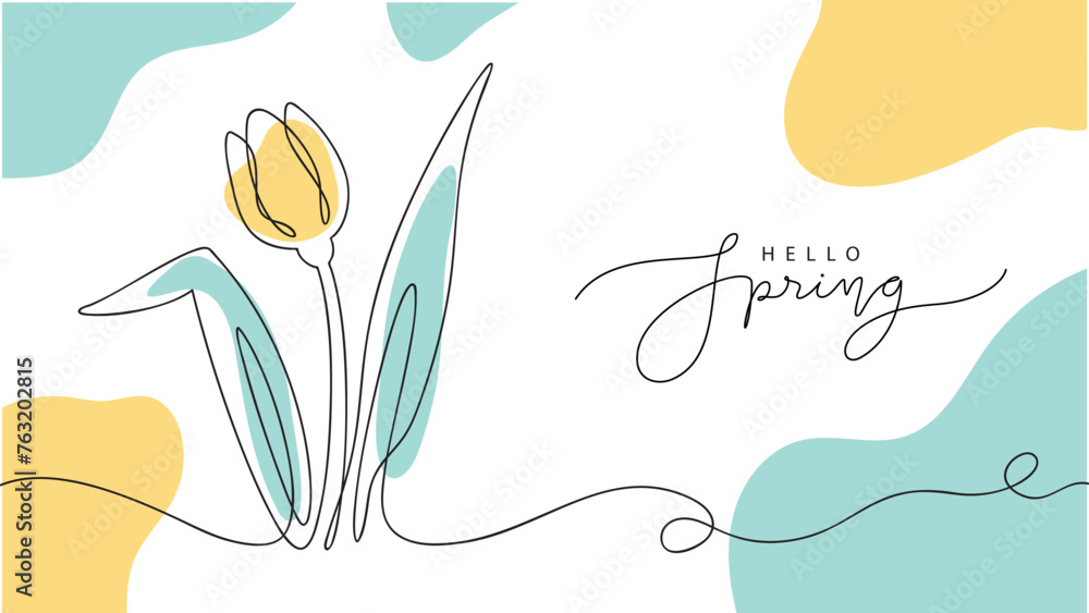 hello spring card with hand drawn tulip in one line style and lettering, vector illustration for greeting cards, banner, invitation,background
