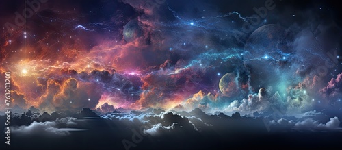 An artistic representation of a vibrant galaxy with stars and clouds in the sky, creating a dreamy atmosphere. The landscape displays a beautiful mix of colors and shapes