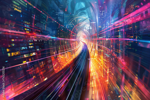 Neon-lit urban tunnel in motion with digital cityscape