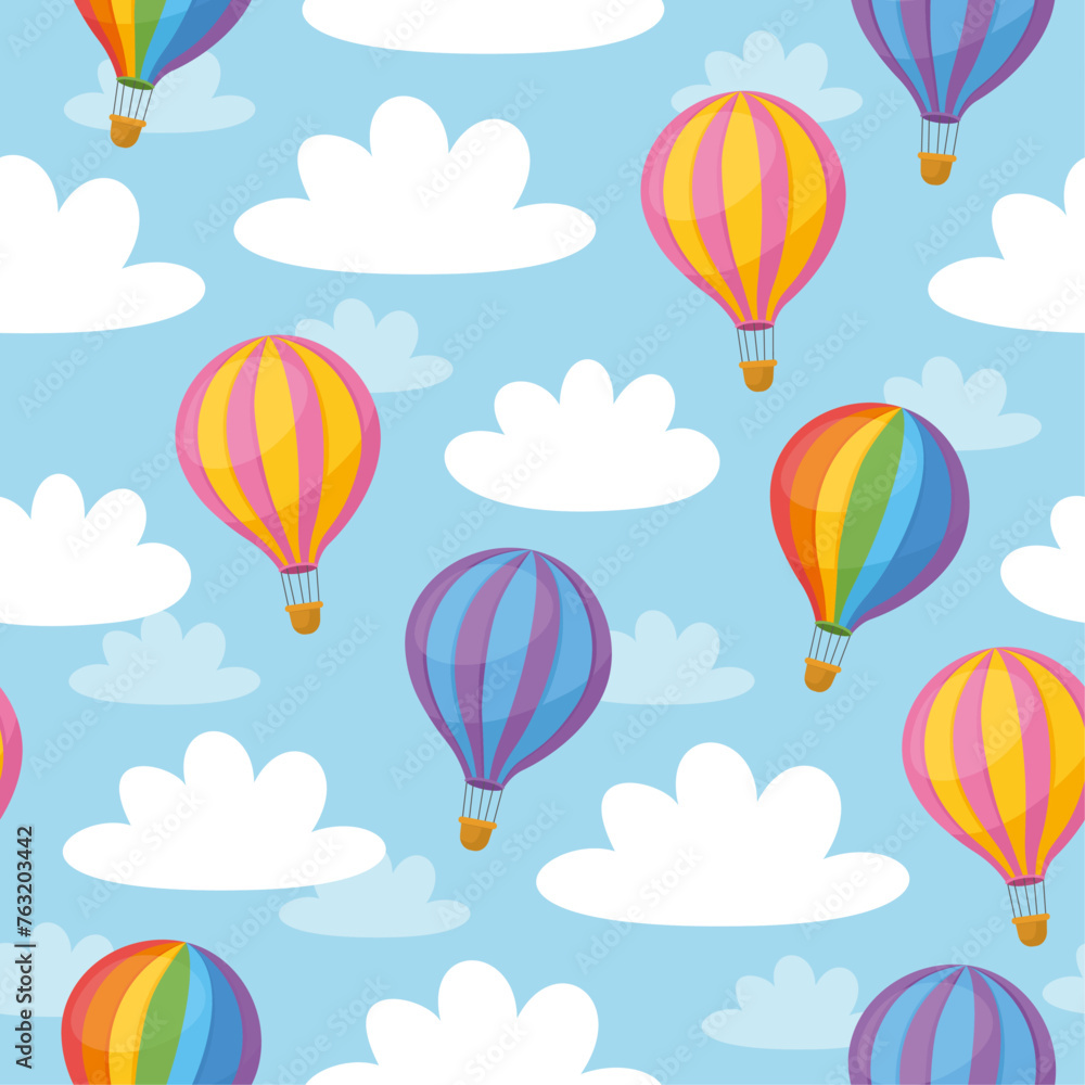 Cute childish seamless pattern. Air Balloons and clouds in the sky. Pink, blue and rainbow balloons. 