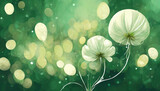 illustration d'un décor floral dans les teintes de vert en texture aquarelle et un fond en effet bokeh