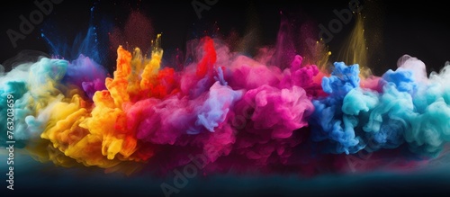 A mesmerizing cloud of colorful gas erupts from a bottle against a dark background, blending shades of purple, pink, magenta, and violet in an artistic display of entertainment
