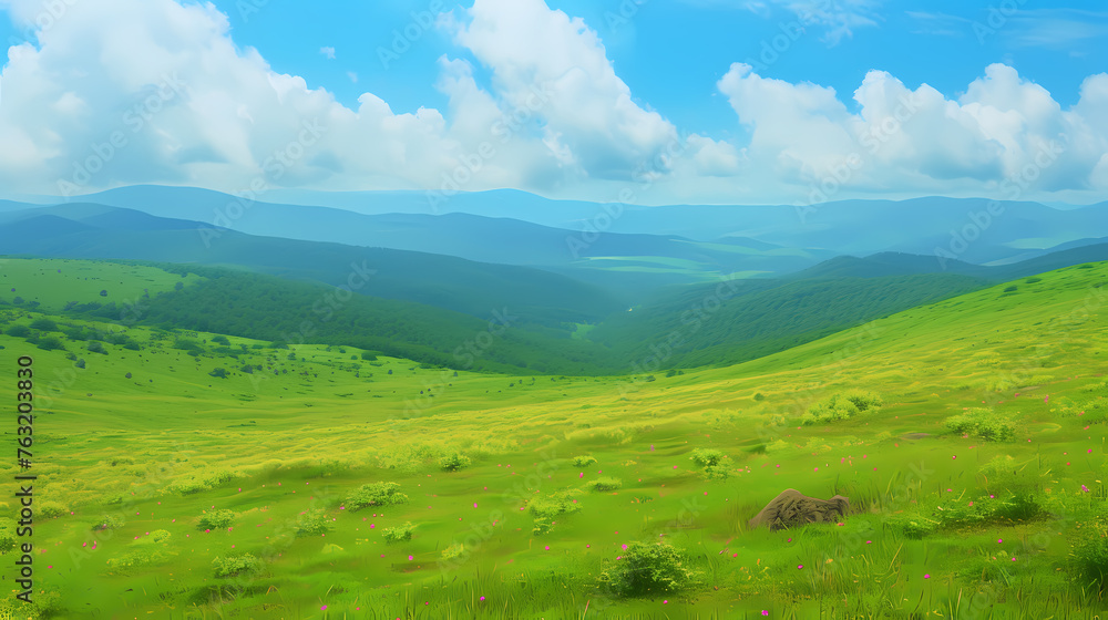 A Animal Runs On The Hill Side, In The Style Of Japanese Minimalism - A Green Field With Hills And Blue Sky