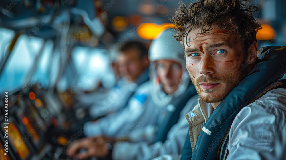 Obraz premium Men in hats sharing fun in electric blue boat cockpit, smiling in crowd