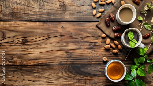 A wooden table is adorned with cups of steaming tea and bowls of nuts, creating a cozy and inviting atmosphere.