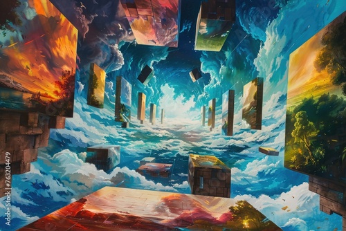 Abstract art of a surreal skyscape between two walls - An immersive digital painting presenting a surreal skyscape surrounded by towering walls