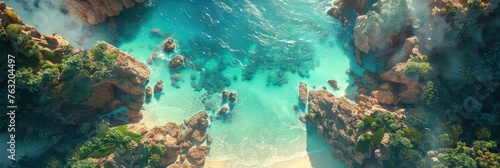 Aerial view of turquoise sea and rocky coast - A breathtaking aerial shot capturing the vibrant turquoise waters bordered by a rough  rocky coastline and lush greenery