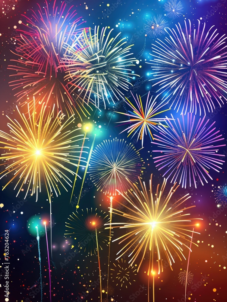 Colorful fireworks display against night sky - A vibrant multicolored fireworks display illuminates the dark sky with various patterns and trails of light, suggesting celebration and festivity